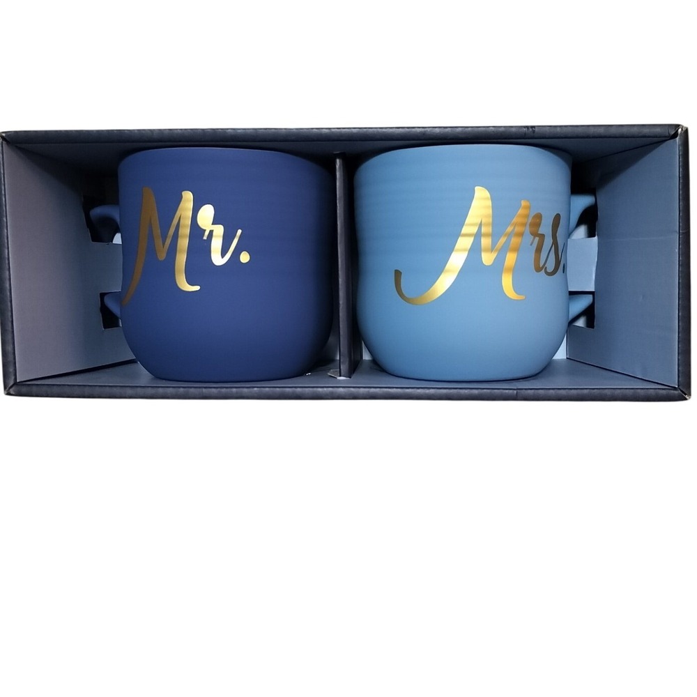 Mr and Mrs Ceramic Mug Set Navy and Light Blue Gold Script Wedding Gift 2 Pack‎